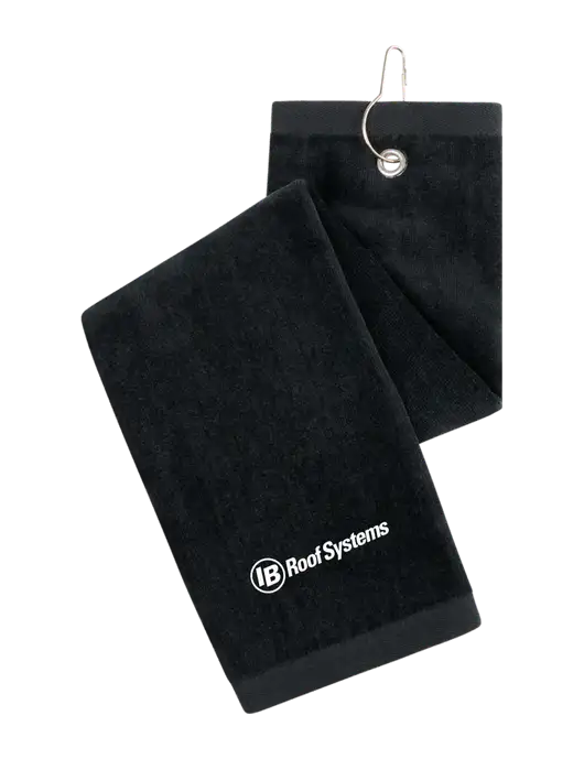 Black Tri-Fold Golf Towel with Grommet w/IB Roof Systems Logo