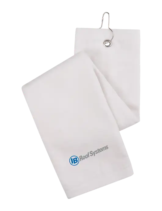 White Tri-Fold Golf Towel with Grommet w/IB Roof Systems Logo